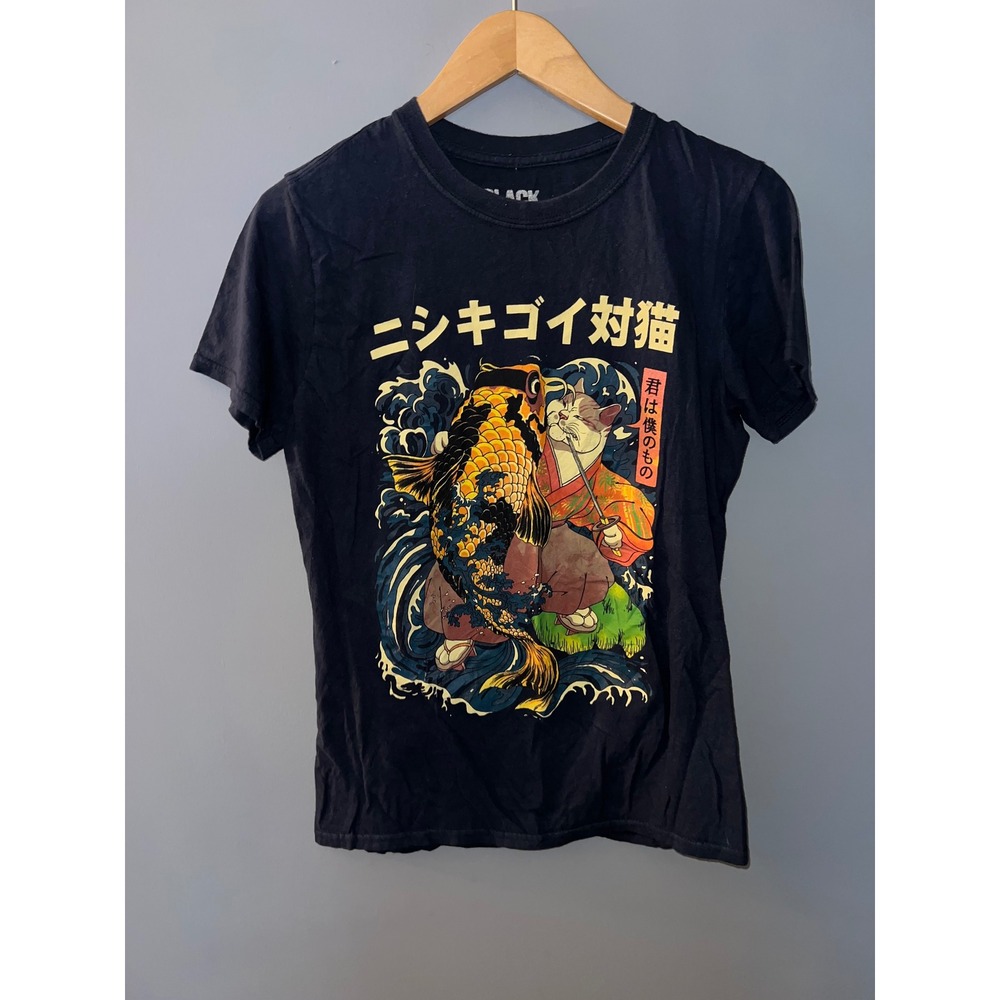 Black Matter Cat and the Koi Graphic T-Shirt Black Small Samurai Japanese Art
